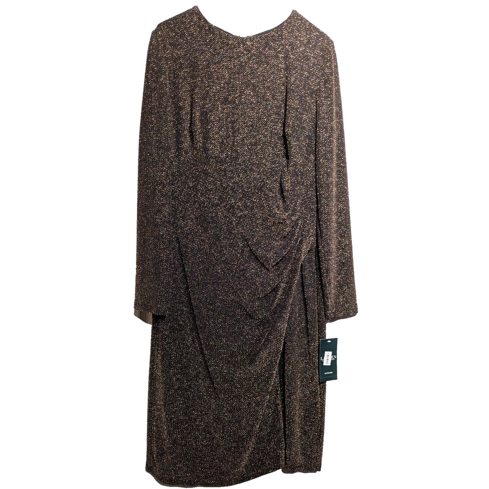 Lauren Ralph Lauren Dress Womens 14 Black Gold Metallic Ruched Long Sleeve NWT